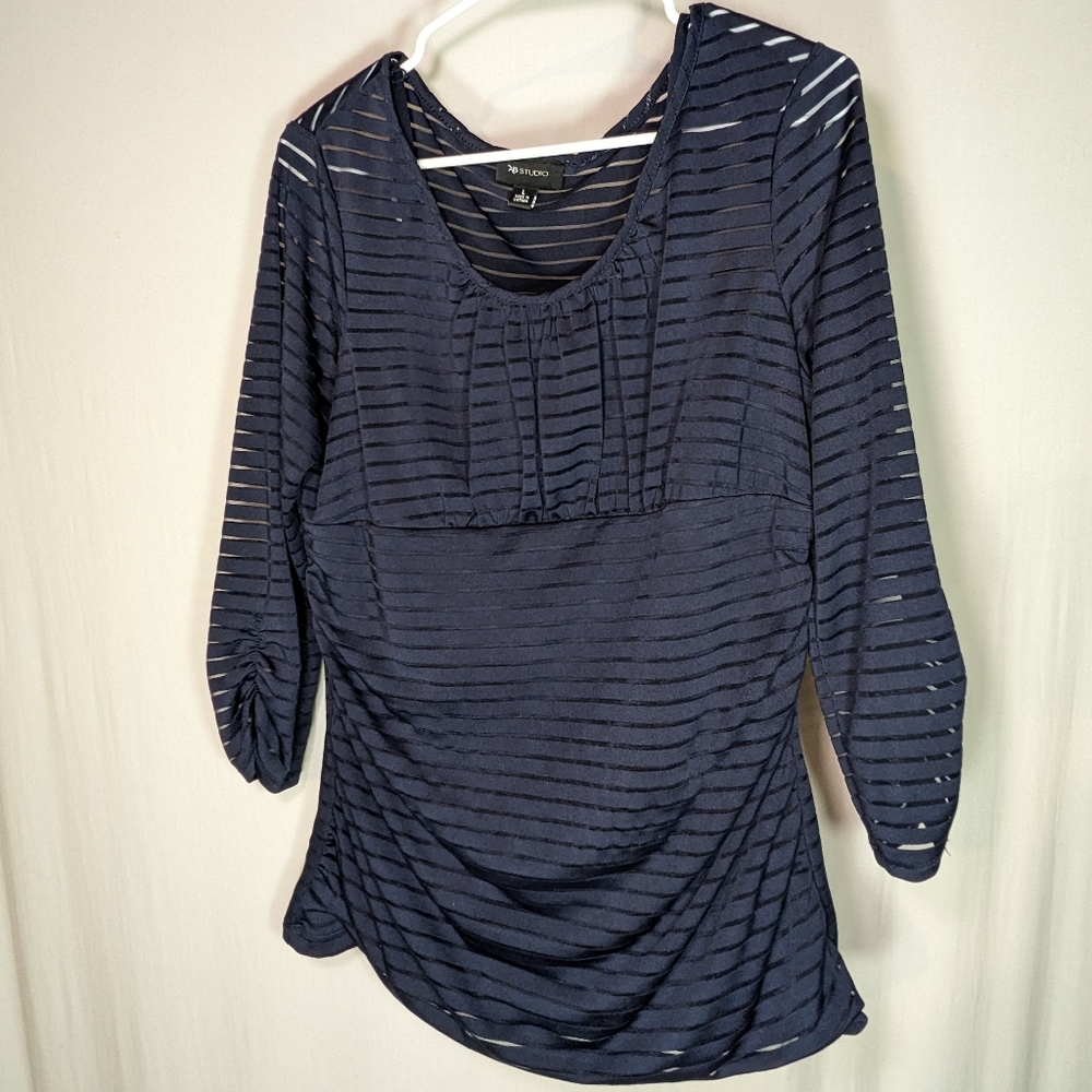 AB Studio Blue Mesh Stripe Blouse Attached Cami Ruched Side 3/4 Sleeve Top L